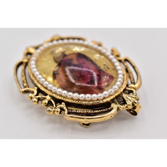 Vintage Dried Rosebud Flower Pin Brooch Antiqued Oval Romantic Chunky 70s BinBP - Picture 7 of 12